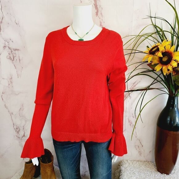 J. Crew red soft knit cotton sweater with fluted sleeves - Picture 4 of 8